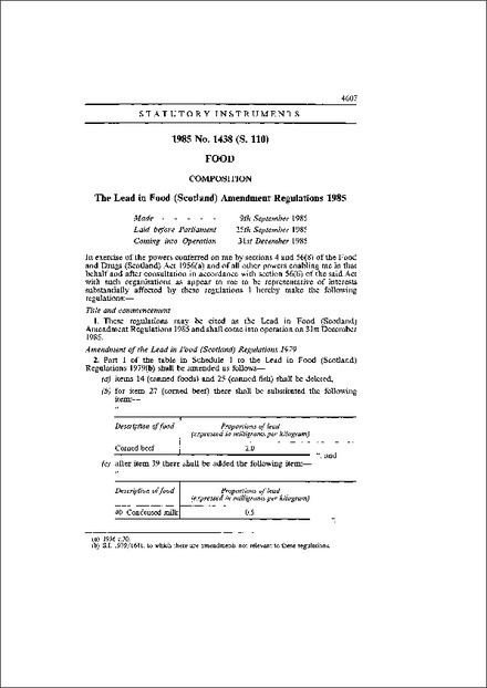 The Lead in Food (Scotland) Amendment Regulations 1985