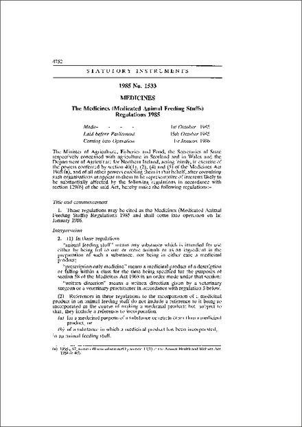 The Medicines (Medicated Animal Feeding Stuffs) Regulations 1985