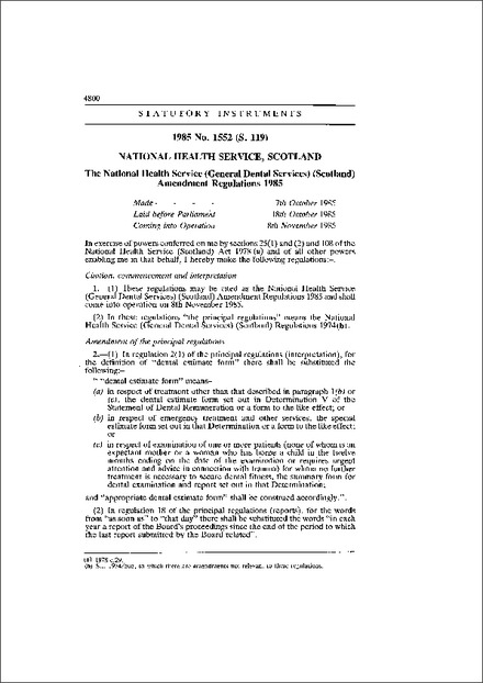 The National Health Service (General Dental Services) (Scotland) Amendment Regulations 1985