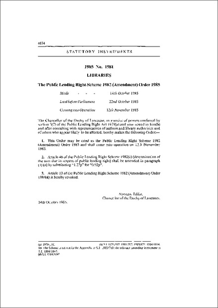 The Public Lending Right Scheme 1982 (Amendment) Order 1985