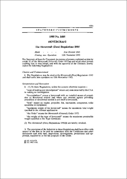 The Hovercraft (Fees) Regulations 1985