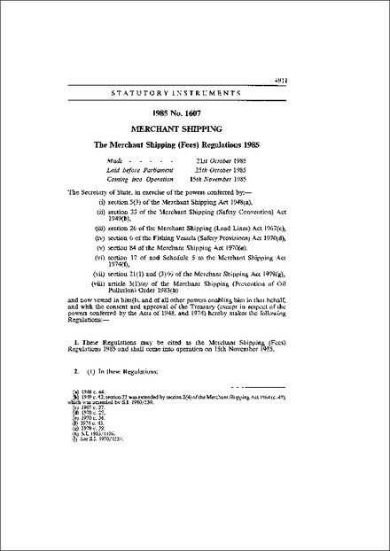 The Merchant Shipping (Fees) Regulations 1985