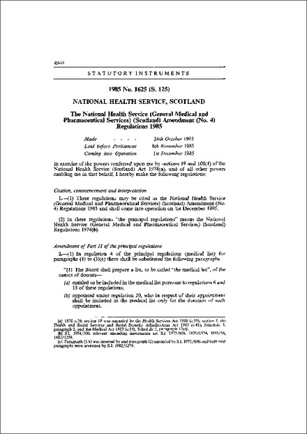 The National Health Service (General Medical and Pharmaceutical Services) (Scotland) Amendment (No. 4) Regulations 1985