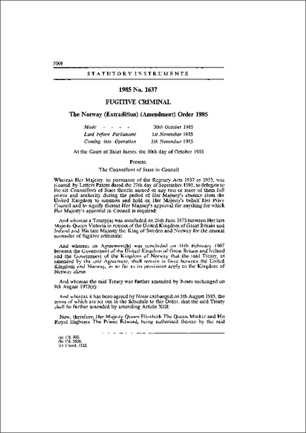 The Norway (Extradition) (Amendment) Order 1985