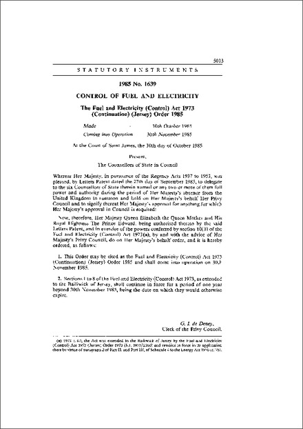The Fuel and Electricity (Control) Act 1973 (Continuation) (Jersey) Order 1985
