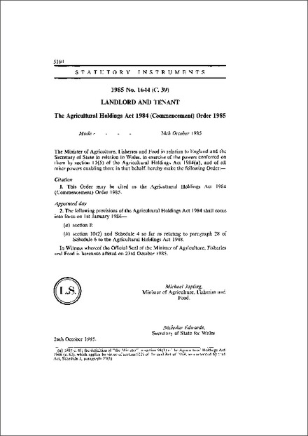 The Agricultural Holdings Act 1984 (Commencement) Order 1985