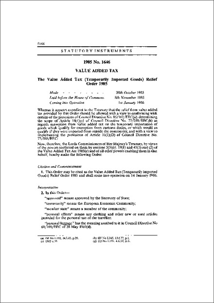 The Value Added Tax (Temporarily Imported Goods) Relief Order 1985
