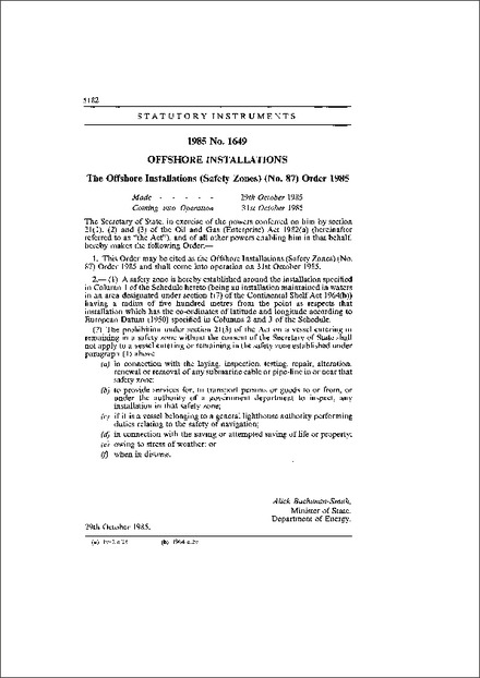 The Offshore Installations (Safety Zones) (No. 87) Order 1985