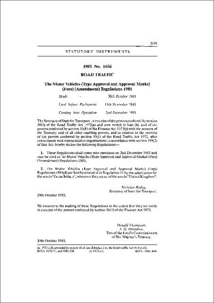 The Motor Vehicles (Type Approval and Approval Marks) (Fees) (Amendment) Regulations 1985