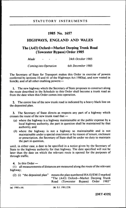 The (A43) Oxford—Market Deeping Trunk Road (Towcester Bypass) Order 1985