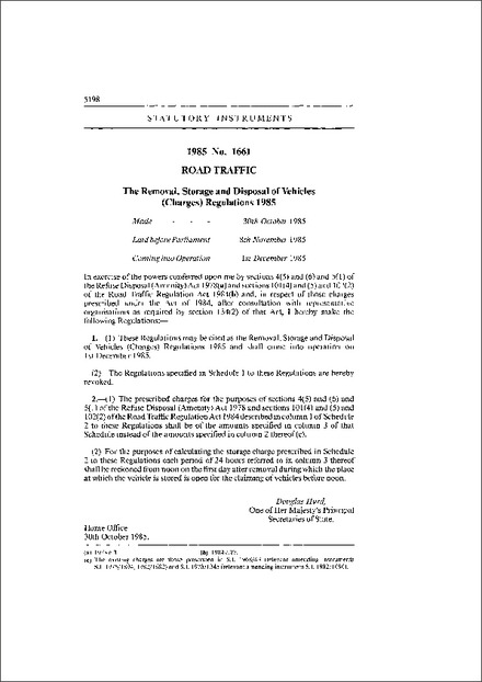 The Removal, Storage and Disposal of Vehicles (Charges) Regulations 1985