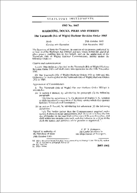 The Yarmouth (Isle of Wight) Harbour Revision Order 1985