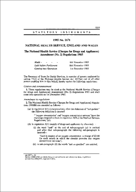 The National Health Service (Charges for Drugs and Appliances) Amendment (No. 2) Regulations 1985