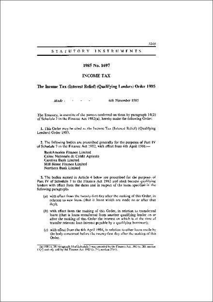 The Income Tax (Interest Relief) (Qualifying Lenders) Order 1985