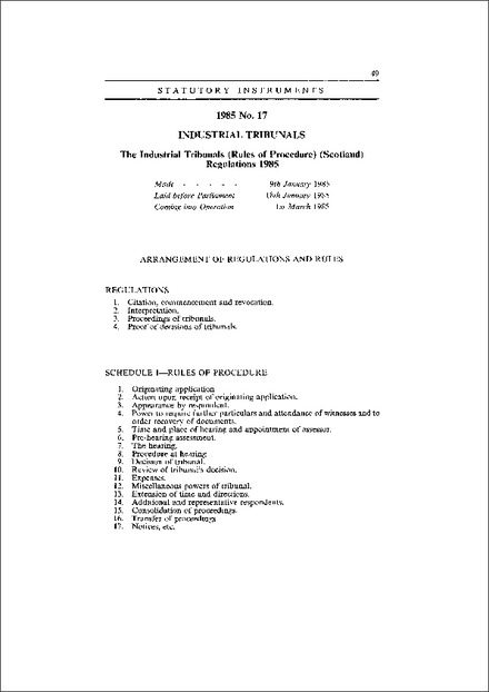 The Industrial Tribunals (Rules of Procedure) (Scotland) Regulations 1985