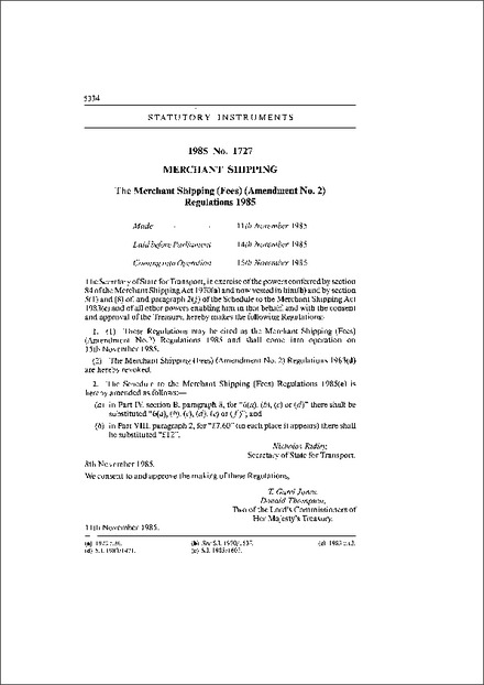 The Merchant Shipping (Fees) (Amendment No. 2) Regulations 1985