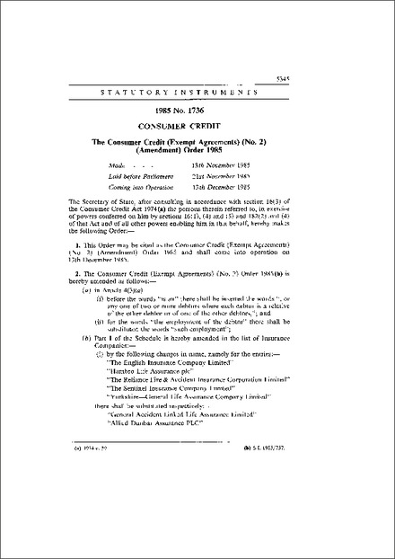 The Consumer Credit (Exempt Agreements) (No.2) (Amendment) Order 1985