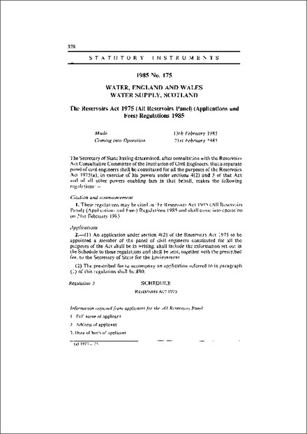 The Reservoirs Act 1975 (All Reservoirs Panel) (Applications and Fees) Regulations 1985
