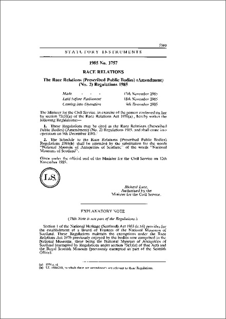The Race Relations (Prescribed Public Bodies) (Amendment) (No. 2) Regulations 1985