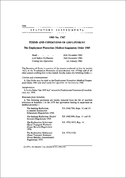 The Employment Protection (Medical Suspension) Order 1985