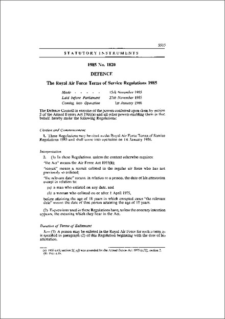 The Royal Air Force Terms of Service Regulations 1985