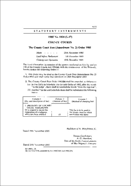 The County Court Fees (Amendment No. 2) Order 1985
