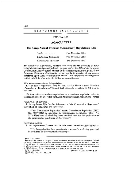 The Sheep Annual Premium (Amendment) Regulations 1985