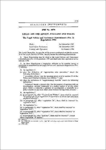 The Legal Advice and Assistance (Amendment) (No. 2) Regulations 1985