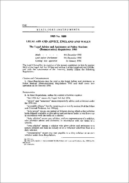 The Legal Advice and Assistance at Police Stations (Remuneration) Regulations 1985