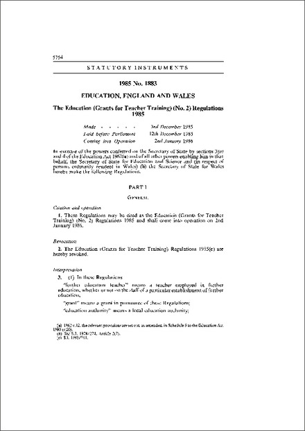 The Education (Grants for Teacher Training) (No. 2) Regulations 1985