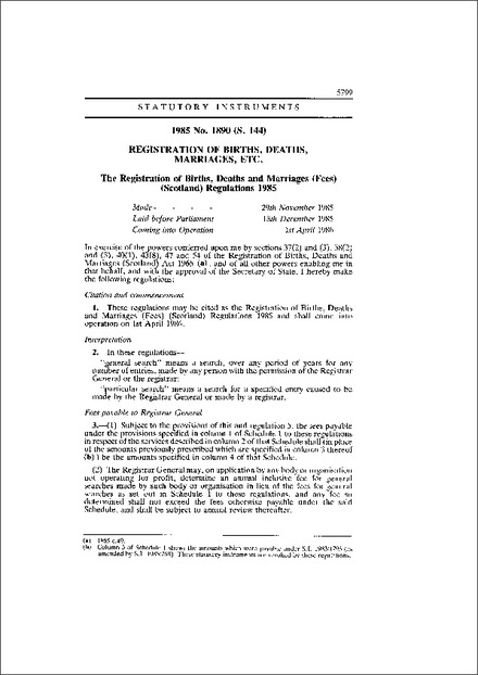 The Registration of Births, Deaths and Marriages (Fees) (Scotland) Regulations 1985