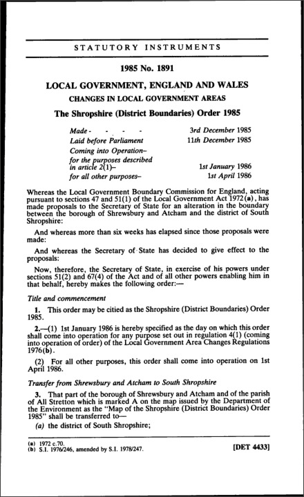 The Shropshire (District Boundaries) Order 1985