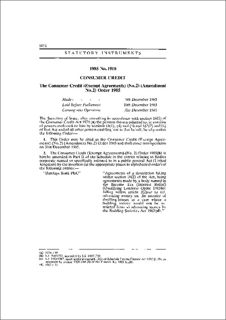 The Consumer Credit (Exempt Agreements) (No.2) (Amendment No.2) Order 1985