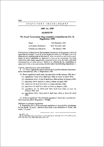 The Local Government Superannuation (Amendment) (No. 2) Regulations 1985