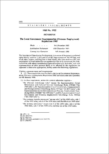 The Local Government Superannuation (Overseas Employment) Regulations 1985