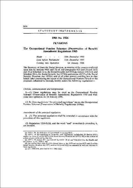 The Occupational Pension Schemes (Preservation of Benefit) Amendment Regulations 1985