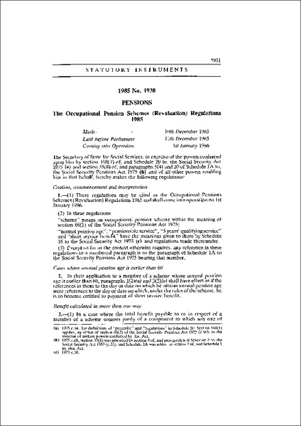 The Occupational Pension Schemes (Revaluation) Regulations 1985