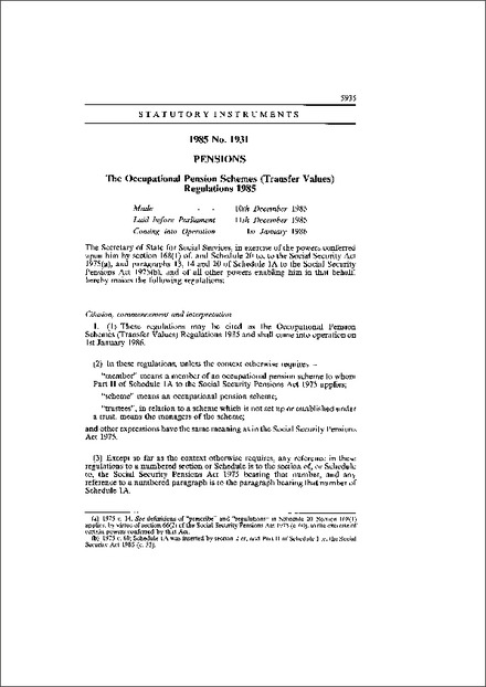 The Occupational Pension Schemes (Transfer Values) Regulations 1985