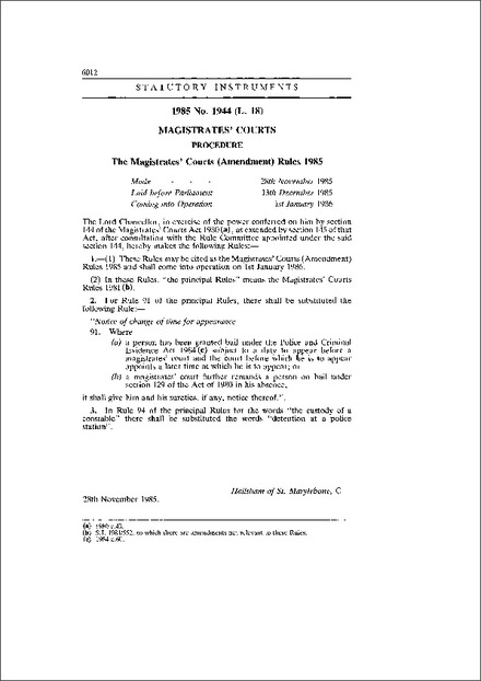 The Magistrates' Courts (Amendment) Rules 1985