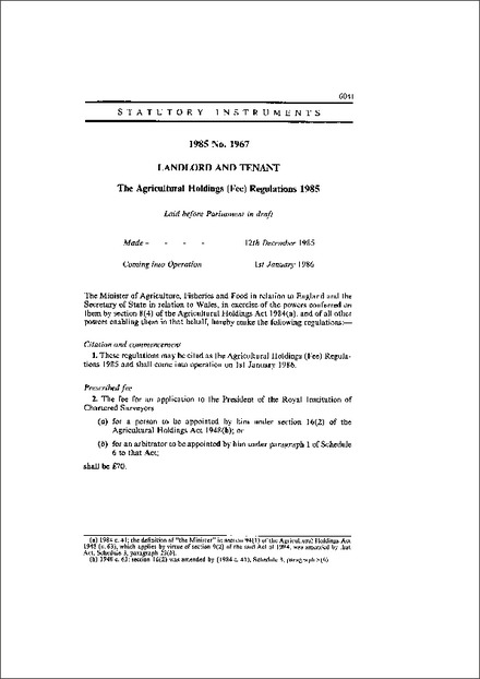 The Agricultural Holdings (Fee) Regulations 1985