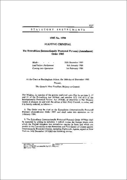 The Extradition (Internationally Protected Persons) (Amendment) Order 1985