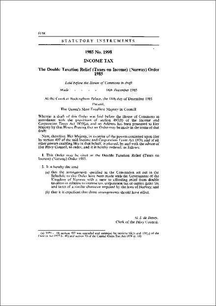 The Double Taxation Relief (Taxes on Income) (Norway) Order 1985