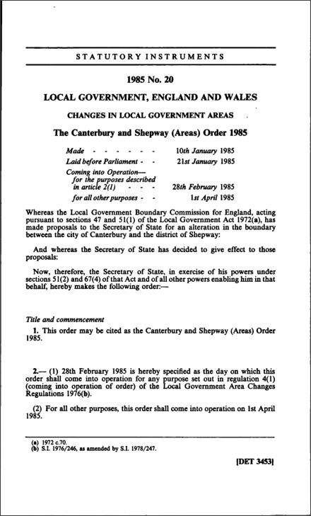 The Canterbury and Shepway (Areas) Order 1985