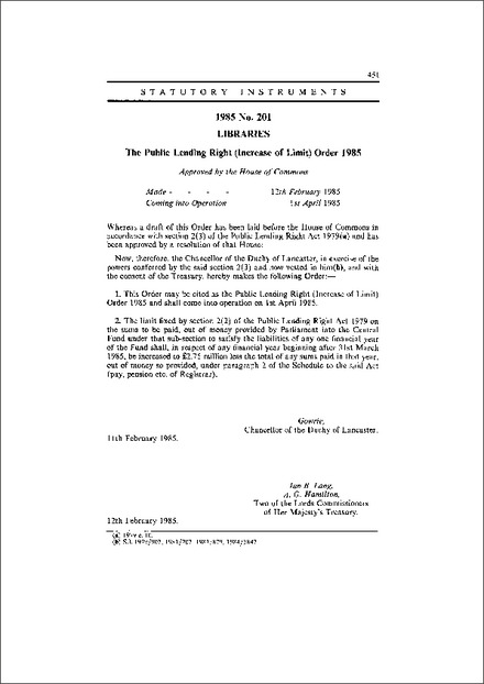 The Public Lending Right (Increase of Limit) Order 1985