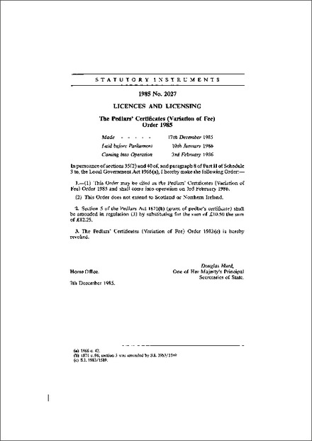 The Pedlars' Certificates (Variation of Fee) Order 1985