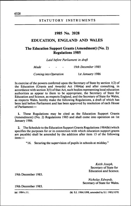 The Education Support Grants (Amendment) (No. 2) Regulations 1985