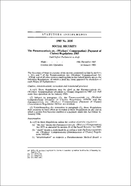 The Pneumoconiosis etc. (Workers' Compensation) (Payment of Claims) Regulations 1985