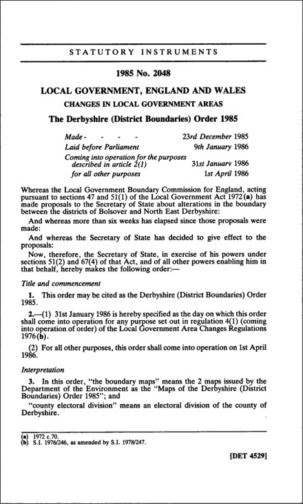 The Derbyshire (District Boundaries) Order 1985