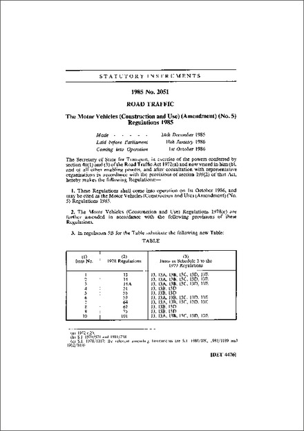The Motor Vehicles (Construction and Use) (Amendment) (No. 5) Regulations 1985