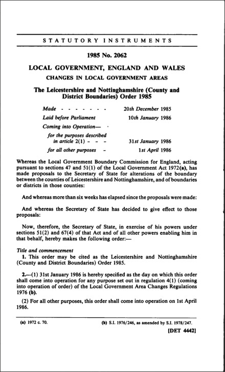 The Leicestershire and Nottinghamshire (County and District Boundaries) Order 1985